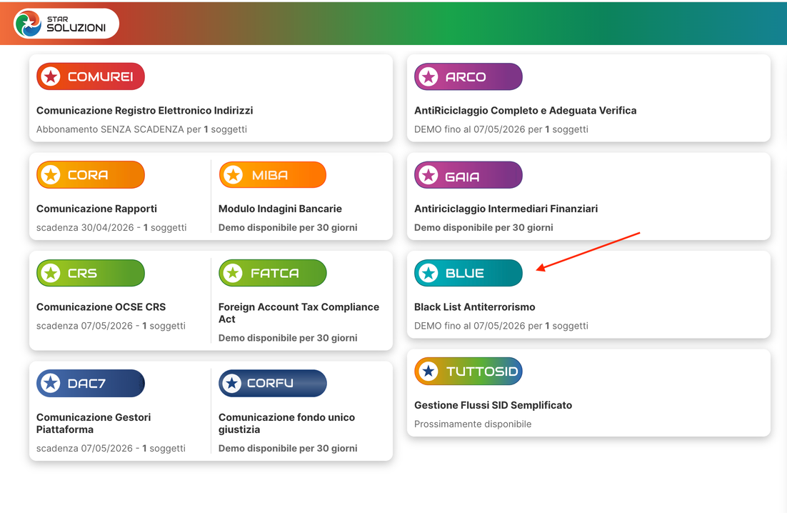 Menu applicazioni — scelta BLUE