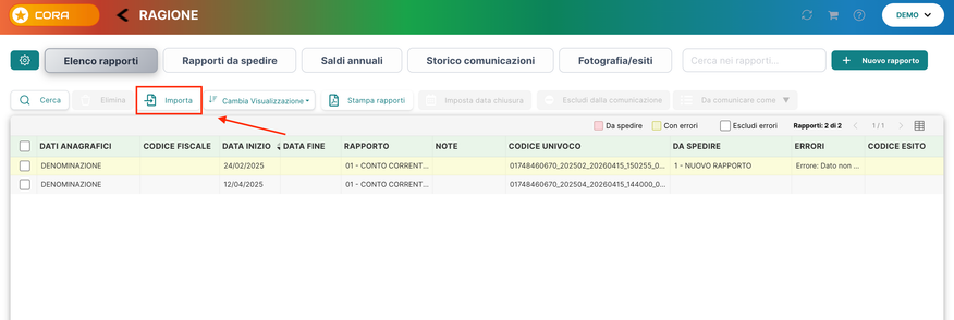 Importa rapporti