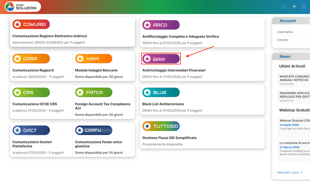 Menu applicazioni — scelta GAIA