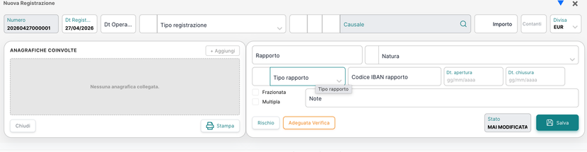 Nuova registrazione — campi previsti