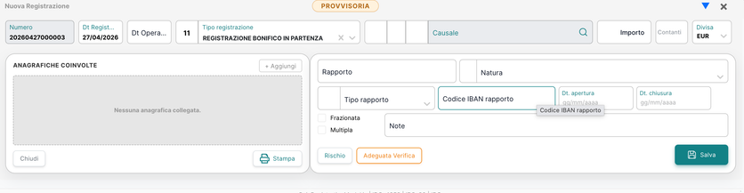 Nuova registrazione provvisoria