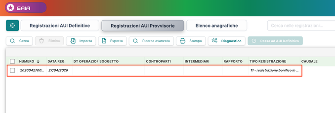 Elenco — registrazioni provvisorie in corsivo