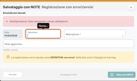 Salvataggio con NOTE — errori/avvisi