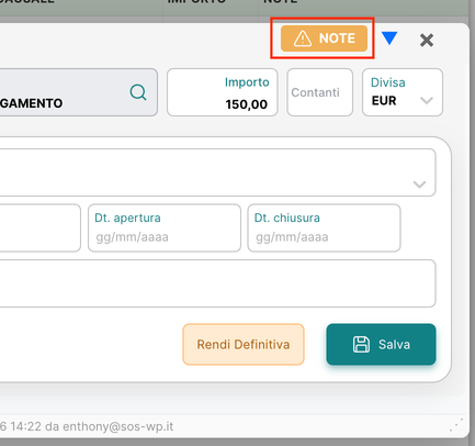 Dettaglio registrazione — bottone NOTE