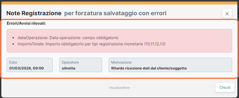 Note registrazione — errori/avvisi rilevati