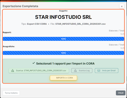 Esportazione completata — Importa in CORA