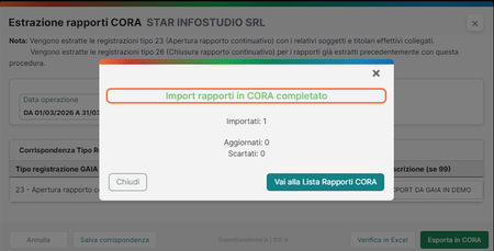 Import rapporti in CORA completato