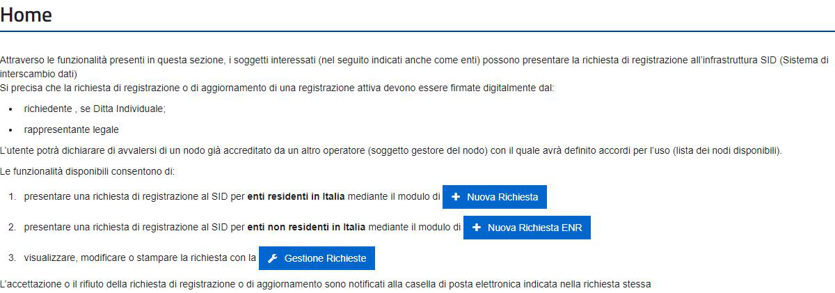 Home del portale con il pulsante Nuova Richiesta