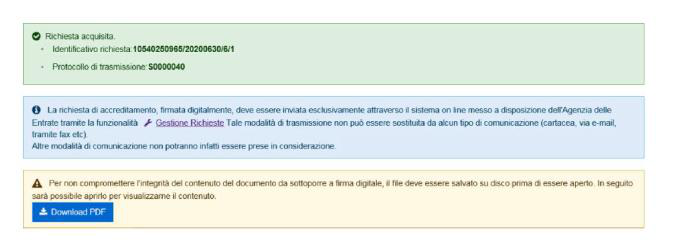 Riepilogo richiesta con protocollo e pulsante Download PDF
