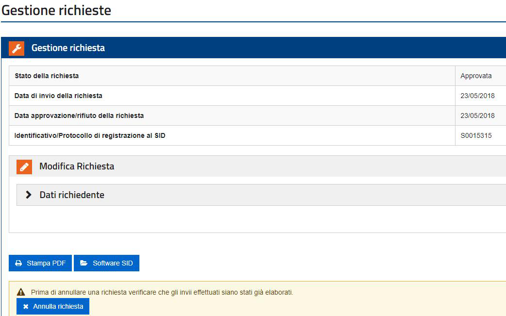 Gestione richieste: stato Approvata e pulsante Software SID