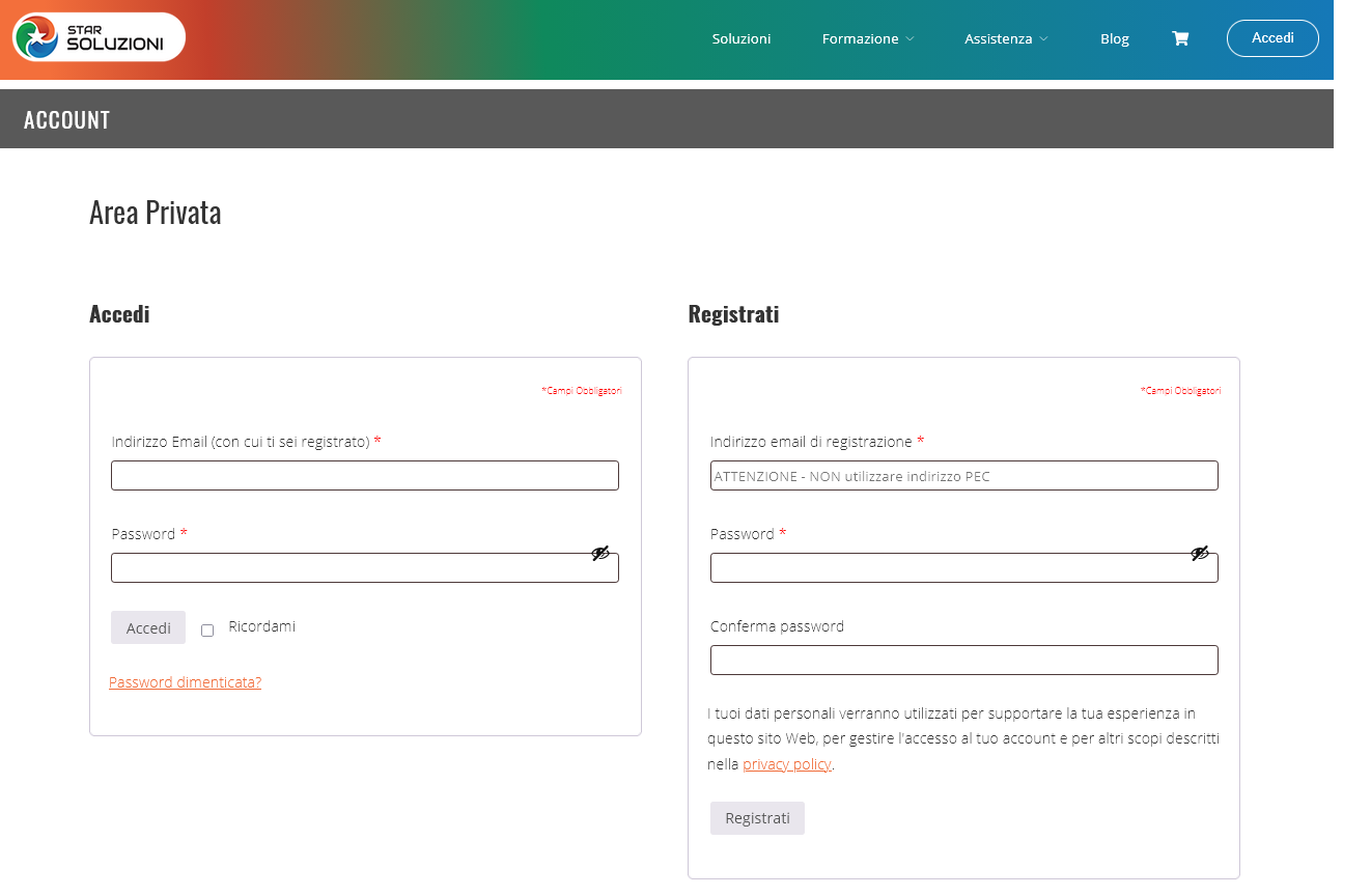 Pagina di registrazione all'Area Privata di StarSoluzioni
