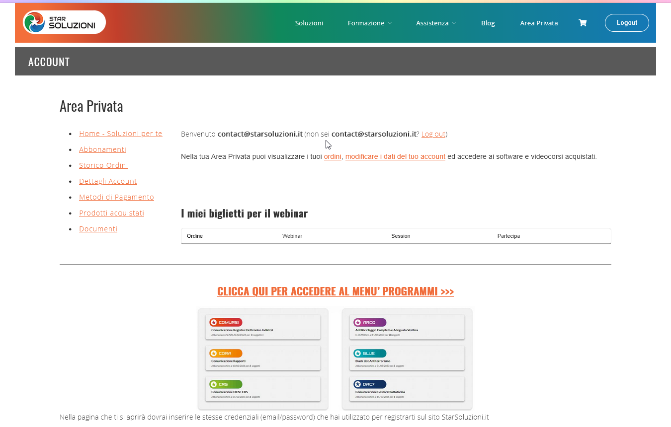 Area Privata StarSoluzioni con il pulsante per il menu programmi