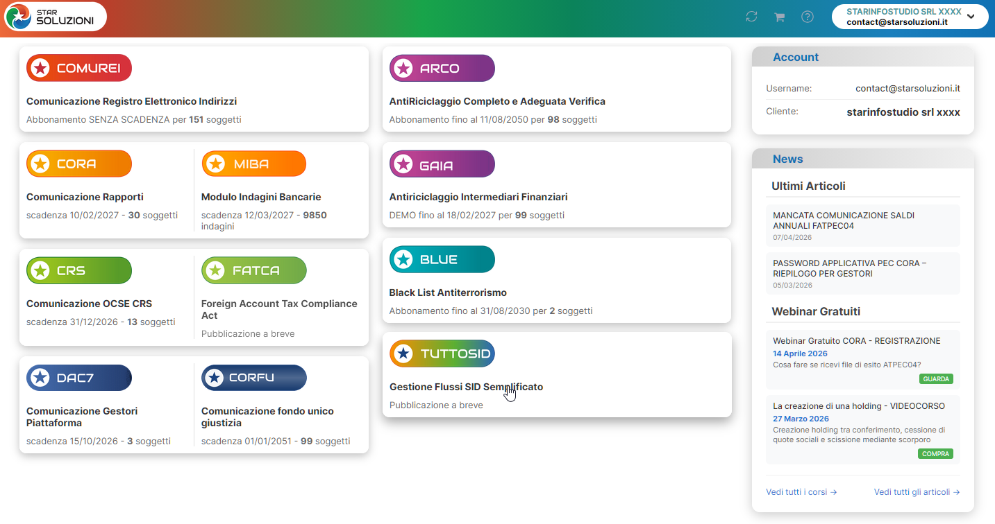 Dashboard StarSoluzioni con le card dei programmi