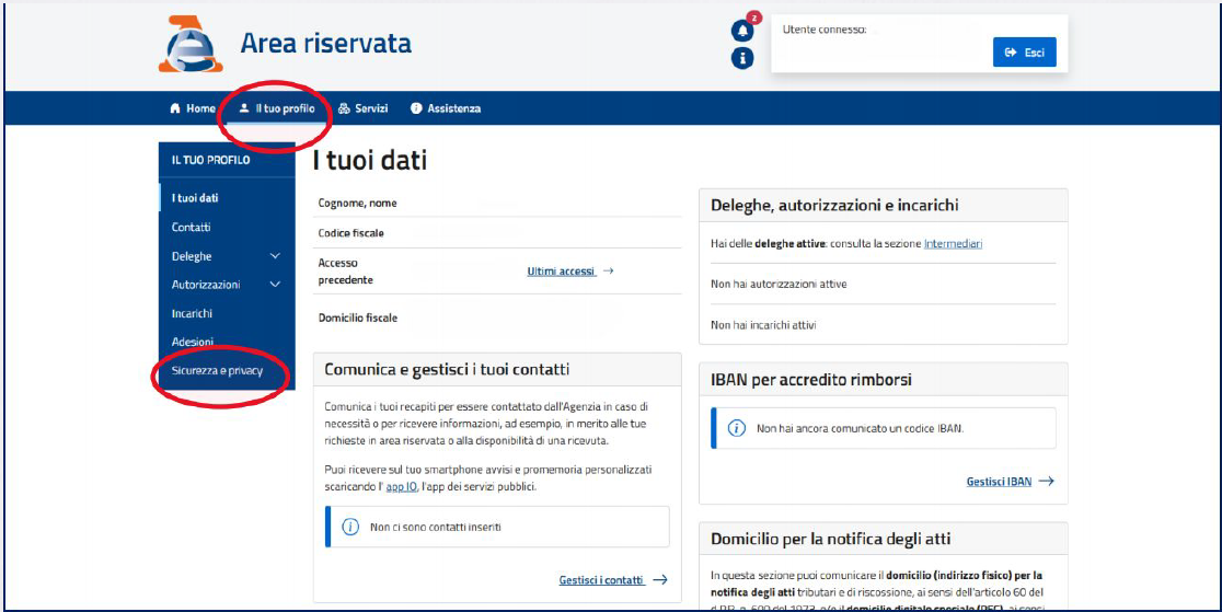 Area riservata – Il tuo profilo, Sicurezza e privacy