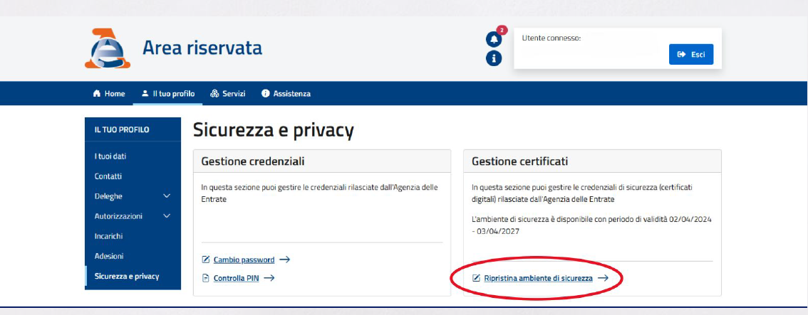 Gestione certificati – Ripristina ambiente di sicurezza