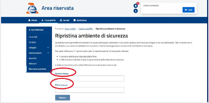Ripristina ambiente di sicurezza – form inserimento dati