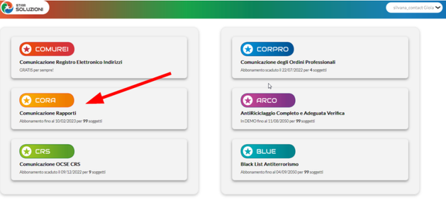 Menu applicazioni &mdash; scelta CORA