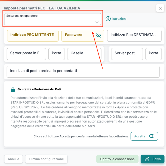 Imposta parametri PEC &mdash; operatore