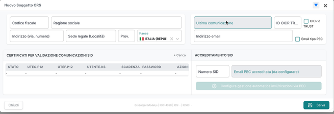 Nuovo soggetto CRS &mdash; dati obbligatori