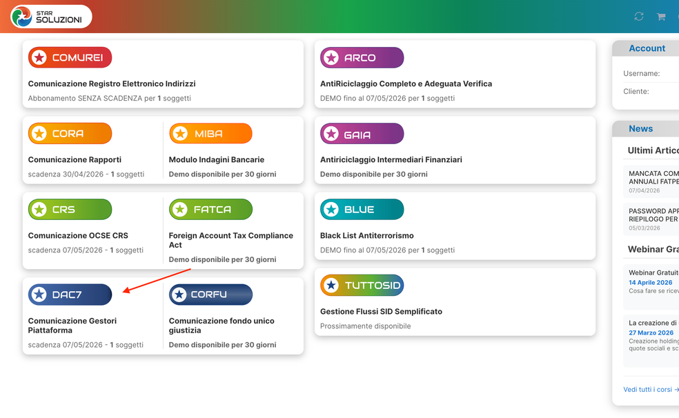 Menu applicazioni &mdash; scelta DAC7