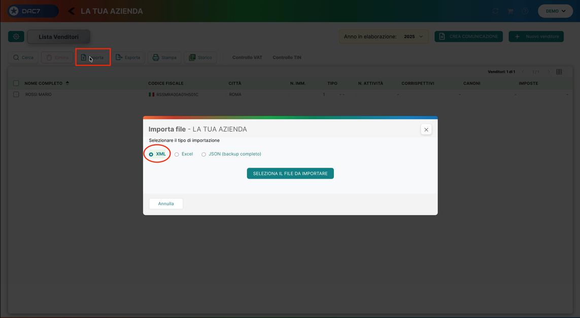 Importa file &mdash; selezione XML