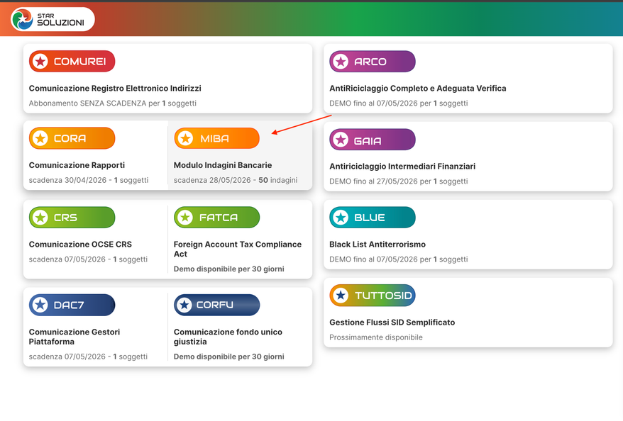 Menu programmi — scelta MIBA