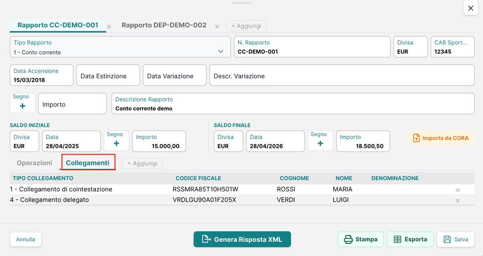 Rapporto — scheda Collegamenti