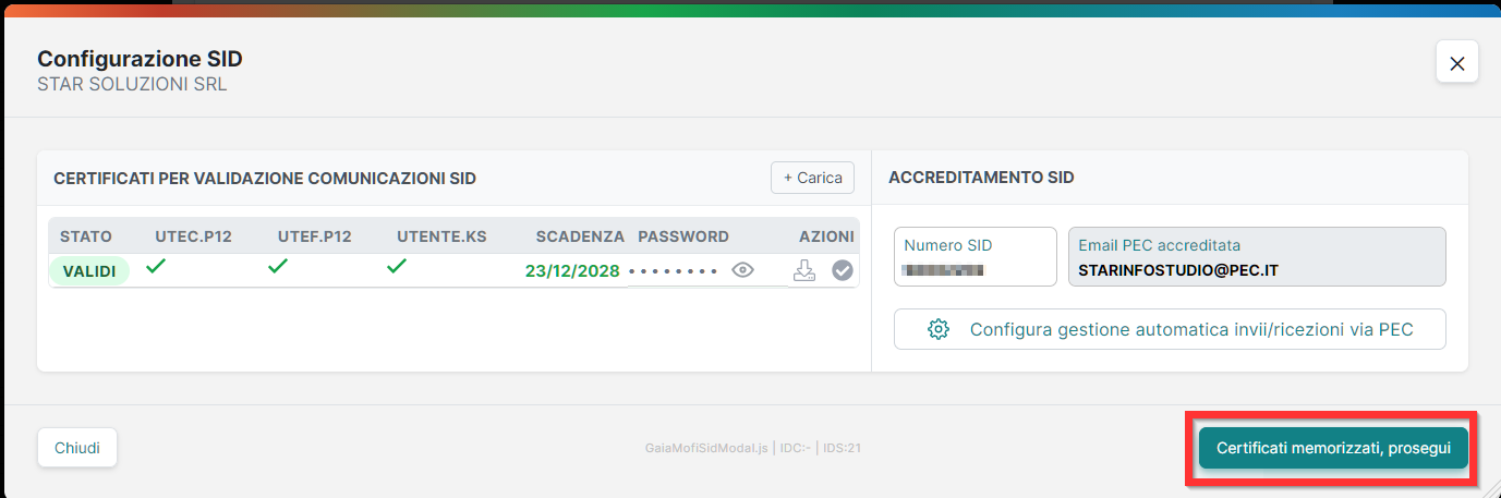 Certificati validi: Certificati memorizzati, prosegui