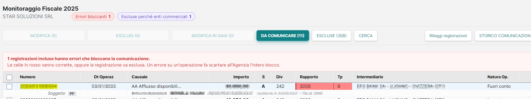 Cella in rosso con il messaggio di errore
