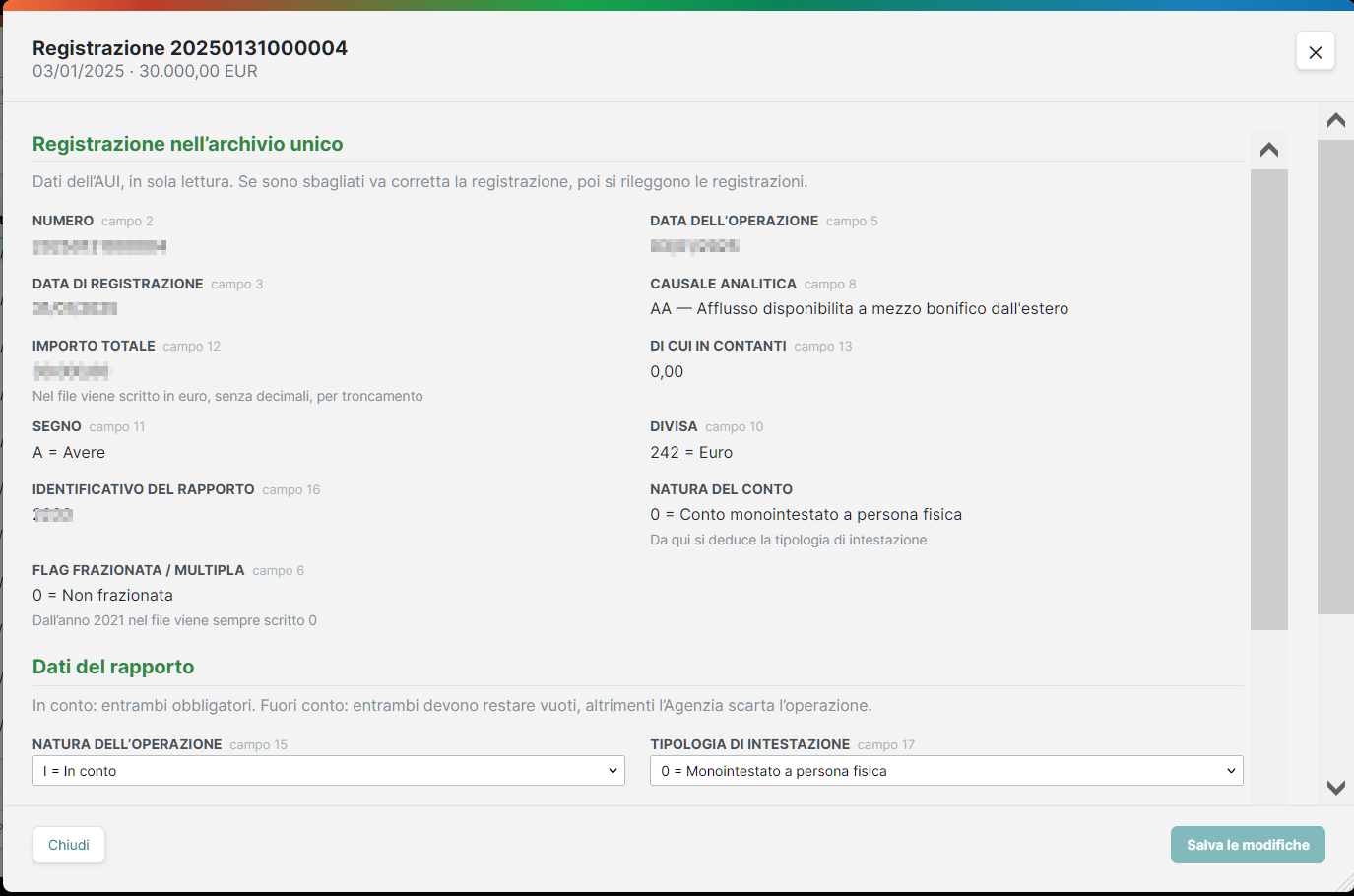 Dettaglio di una registrazione (MODIFICA)