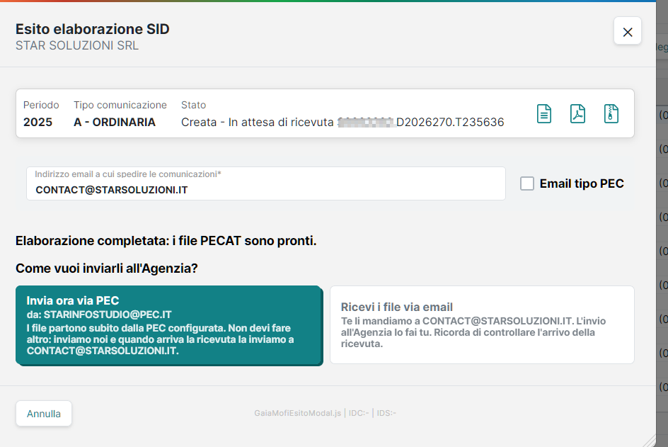 Esito elaborazione SID: comunicazione corretta