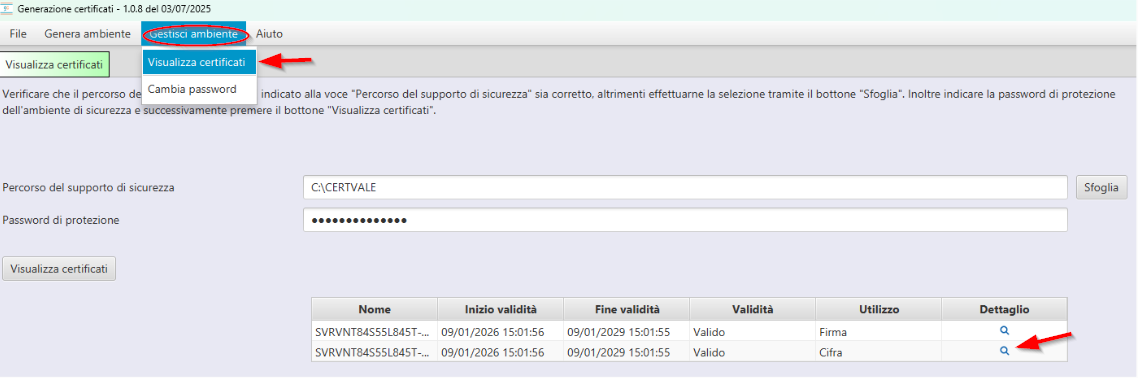 Elenco certificati: clic su Cifra