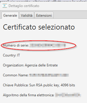 Dettaglio del certificato di cifra con il numero di serie