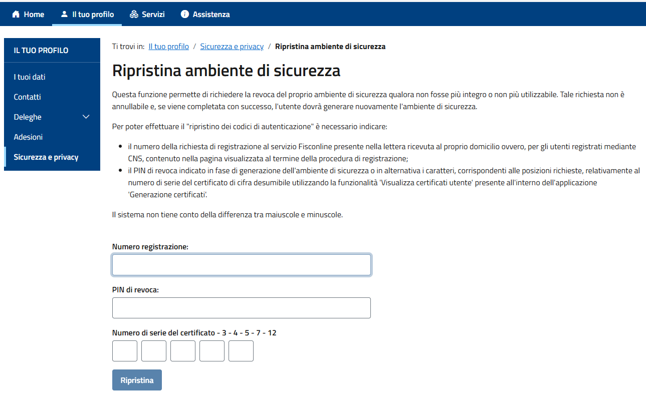 Ripristina ambiente di sicurezza – form inserimento dati